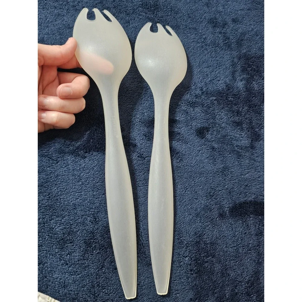 Vintage Tupperware Sheer Frosted Clear Salad Server Set Spork Tongs 2 Piece